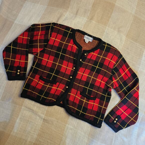 Vintage Office Siren Mobwife Academia Preppy Goth Red Plaid Button Down Cardigan - Picture 2 of 10